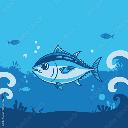 A vibrant cartoon illustration of a blue tuna fish swimming gracefully in the deep ocean amidst bubbles and stylized waves.