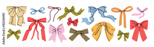 Bows and ribbons set. Elegant festive textile design elements, knot tie decorations for hair and gift. Coquette accessories in feminine style. Drawn vector illustrations isolated on white background