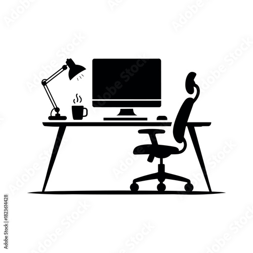 Modern Office Desk Vector Icon with Computer, Chair, Workspace Setup outline icon on white background flat vector illustration.