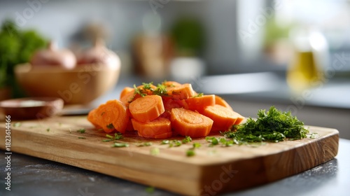 Freshly sliced carrots topped with green herbs on a wooden cutting board in a bright kitchen setting.