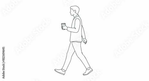 Simple Line Drawing of Man Walking and Holding Coffee Cup Isolated on White Background Vector Icon