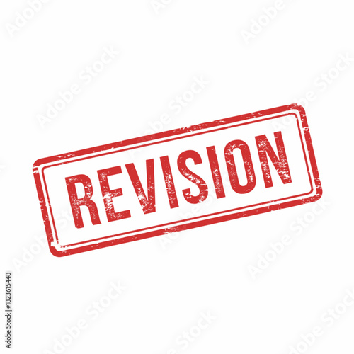 Red rectangular rubber stamp imprint with the word REVISION in a distressed, grunge texture, isolated on a white background.