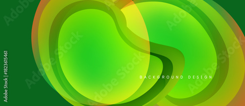 Abstract green design features overlapping fluid shapes. Gradient colors create dynamic visual effect. Modern background element.