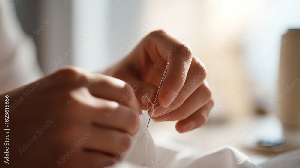 Obraz premium Close-up of a person's hands carefully threading a needle with white fabric, showcasing the art of sewing.