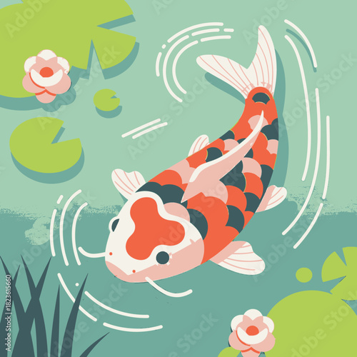 Stylized illustration of a beautiful koi fish swimming gracefully in a tranquil pond with lily pads and flowers.