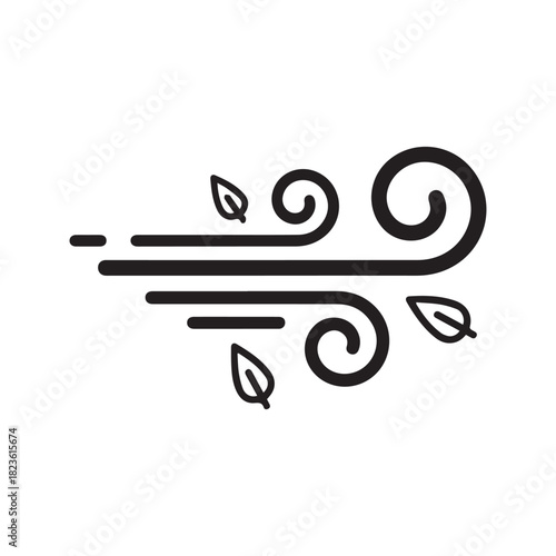 Windy weather icon with blowing leaves. Minimalist linear symbol of a breeze or gust. Simple vector line art illustration of autumn wind, isolated on a white background.
