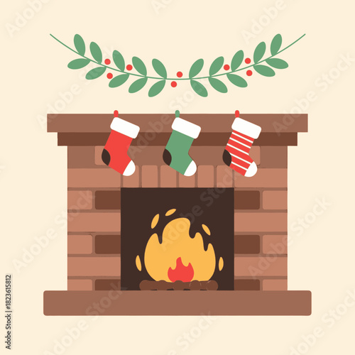 A cozy brick fireplace with a warm fire and three Christmas stockings hanging from the mantel.