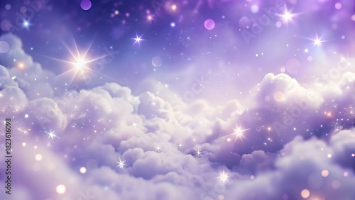 Dreamy purple sky with fluffy clouds and sparkling stars