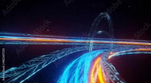  A mesmerizing display of luminous energy flows, forming a futuristic network of pathways and structures against a cosmic canvas. This image conveys a sense of speed, innovation.