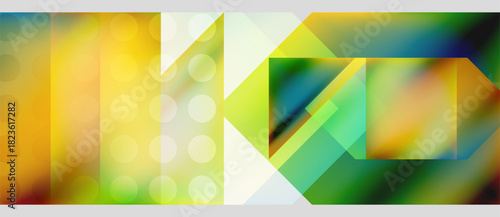 Abstract composition. Geometric shapes blend vibrant colors, creating dynamic visual experience. Gradient transitions dominate design.