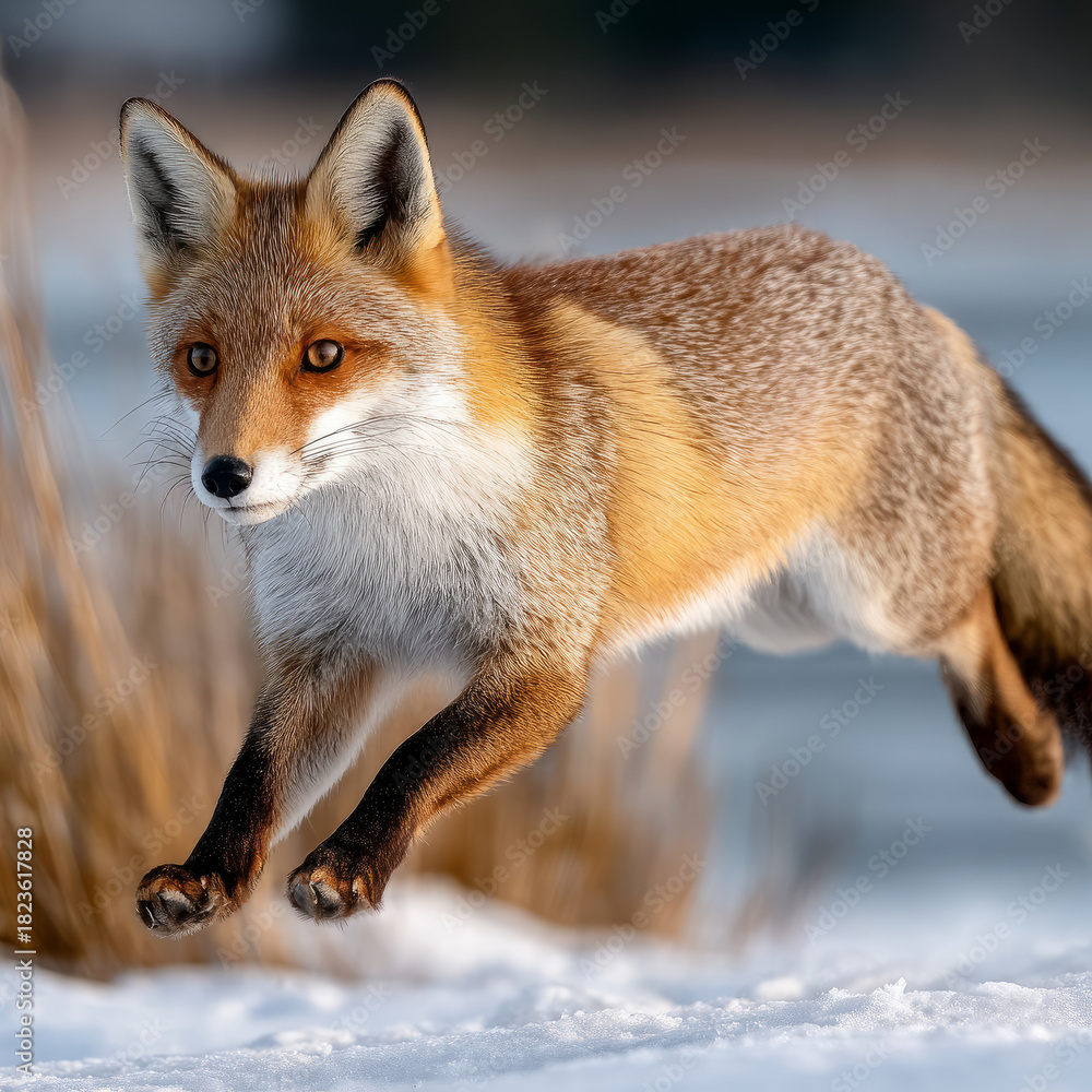 Naklejka premium Fox jumping in snowy landscape with blurred background