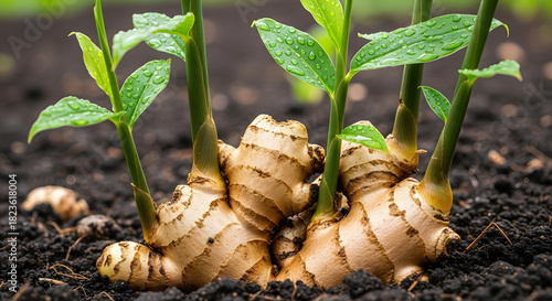 Young ginger plants with fresh green shoots emerging from the rich soil showcasing the early stages of growth and cultivation