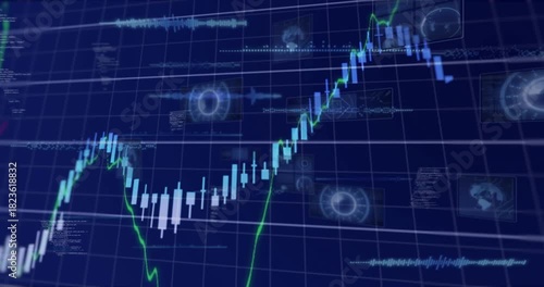 On start candlestick chart loading, bars climbing to peak then falling while overlays showing trend