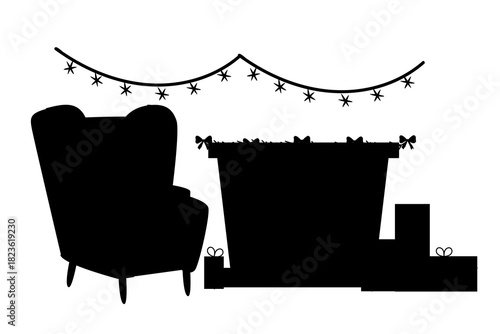 Silhouette fireplace interior with armchair and garlands