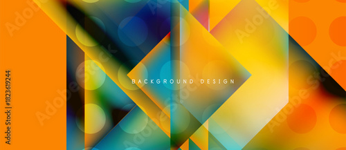 Abstract geometric shapes, vibrant colors, overlapping layers create modern design. Orange, yellow, blue hues dominate composition.