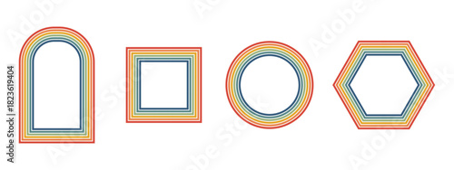 Groovy rainbow frames with psychedelic 70s vibes. Retro borders featuring vibrant funky colors and geometric patterns perfect for vintage posters and decorative designs.