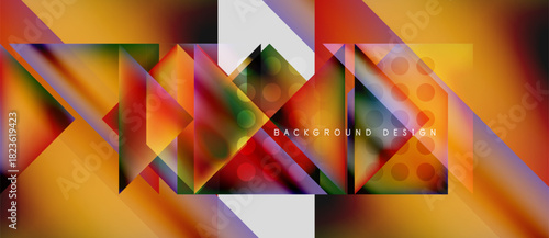 Abstract geometric shapes, vibrant colors, dynamic composition. Modern design elements create striking visual impact. Background features gradients, triangles, rectangles.