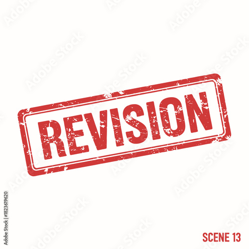 A red grunge rubber stamp imprint with the word REVISION and Scene 13 text, isolated on a white background.