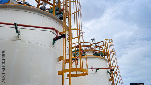 Large chemical storage tank inside an industrial plant with a vertical ladder for access to the top,