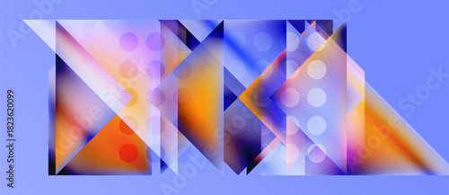 Abstract geometric composition. Overlapping triangles, circles create vibrant, colorful pattern. Light, shadow interplay defines shapes.