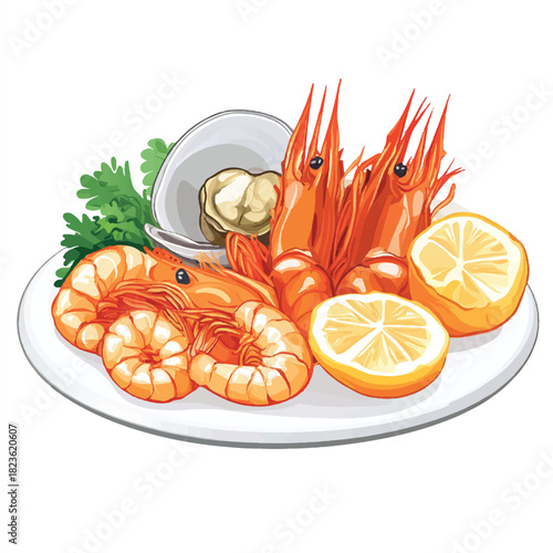 Delicious cooked shrimp and lemon slices on a white plate with garnish.
