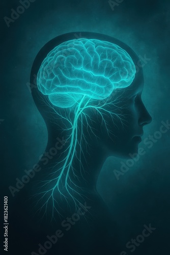 Glowing Brain and Neural Pathways Inside Human Head Profile on Soft Fog Digital Background for Medical Illustration Use