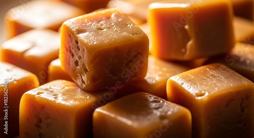 Close up of delicious, chewy, square caramel candy pieces piled together in a warm, inviting, sugary confection display