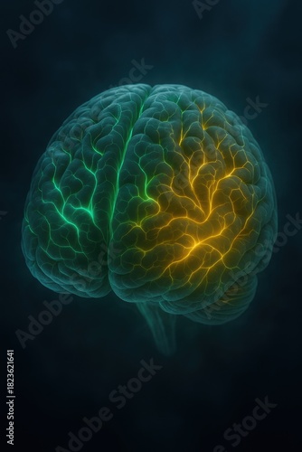Medical 3D Brain Rendering with Glowing Neural Network in Blue Mist