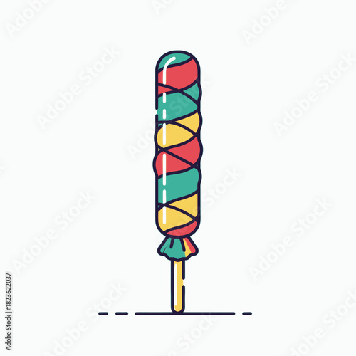 A colorful, cylindrical popsicle with red, yellow, and teal stripes on a stick.