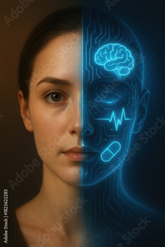 Portrait of Woman with Half-Face Composed of Circuitry and Digital Health Icons