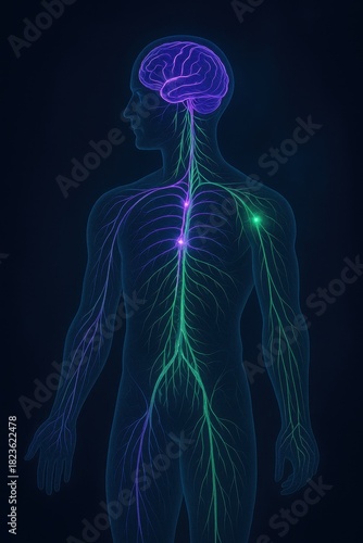 Semi-Transparent Human Anatomy with Neon-Lit Nervous System on Foggy Dark Background for Medical Posters and Educational Use