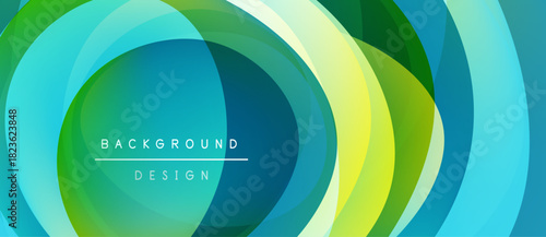 Abstract layered circles, vibrant greens, blues create modern background. Text reads background design. Simple, clean aesthetic.