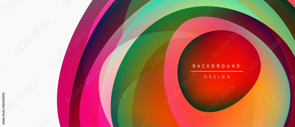 Fototapeta premium Abstract colorful layers create dynamic circular design. Vibrant gradients blend, forming modern background element. Text reads background design.