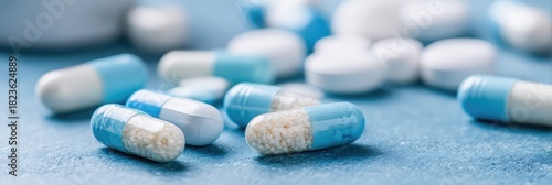 Against a blurred background, blue and white blister packs of antibiotic capsules and tablets are displayed. Online pharmacy banner. World Health Day. Pharmaceutical industry. Prescription drugs. Conc