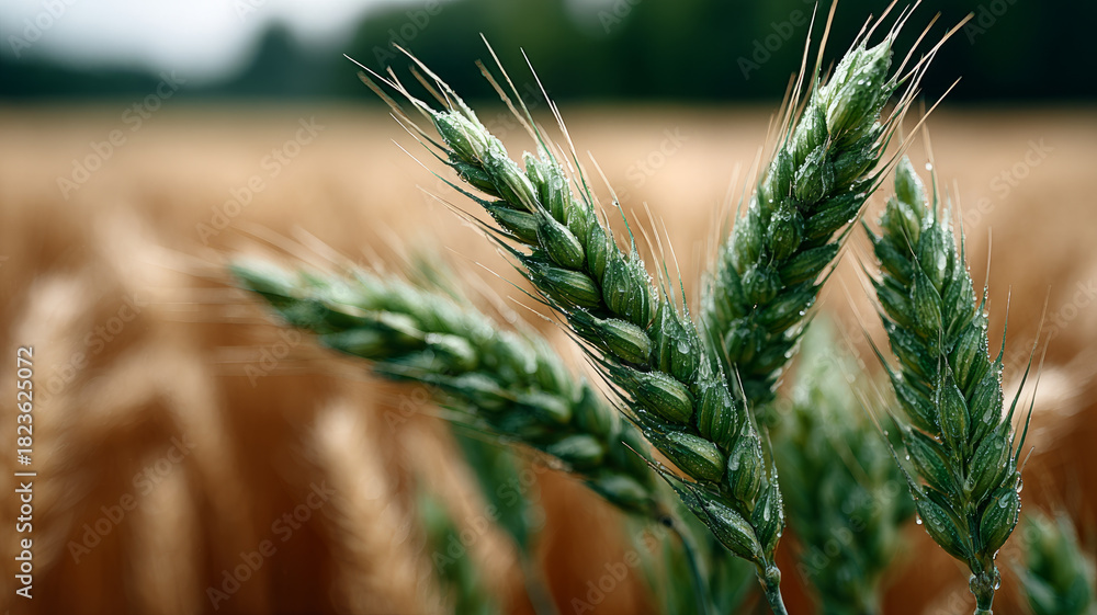 Obraz premium Close-up of green wheat ears in a vast golden field.