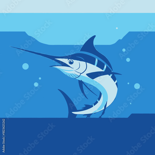 Illustration of a marlin fish swimming in the ocean with bubbles and a blue background.