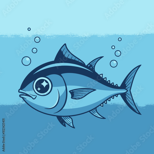 A cute cartoon blue tuna fish with big sparkling eyes swimming underwater with bubbles.
