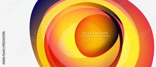 Abstract circles overlap, creating vibrant warm color gradients. Design features text background design within central shape. Modern, dynamic composition.