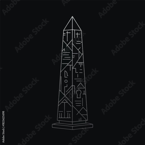 Stylized linear obelisk illustration with intricate abstract symbols and geometric patterns on a dark background for modern design projects