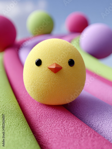 Cute yellow chick toy on colorful abstract background