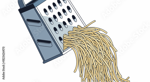 An illustrative depiction of a metal box grater actively shredding yellow food, likely cheese or vegetables, creating long strands for cooking.