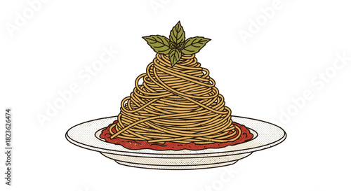An appealing illustration of classic Italian spaghetti, piled high with savory marinara sauce and fresh basil, served on a white plate.