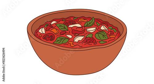 A vibrant hand-drawn illustration of a rustic terracotta bowl filled with chunky tomato sauce, garnished with fresh basil and diced onions.