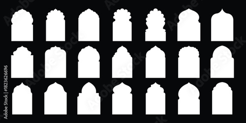 Collection of traditional Islamic window shapes. Arabic, muslim architecture frame. Traditional, oriental design. Muslim oriental shapes design for Ramadan. Islamic window black silhouette shape. eps 