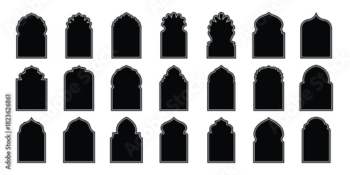 Collection of traditional Islamic window shapes. Arabic, muslim architecture frame. Traditional, oriental design. Muslim oriental shapes design for Ramadan. Islamic window black silhouette shape. eps 
