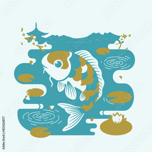 A stylized illustration of a large koi fish swimming in a pond with lily pads and a distant pagoda.
