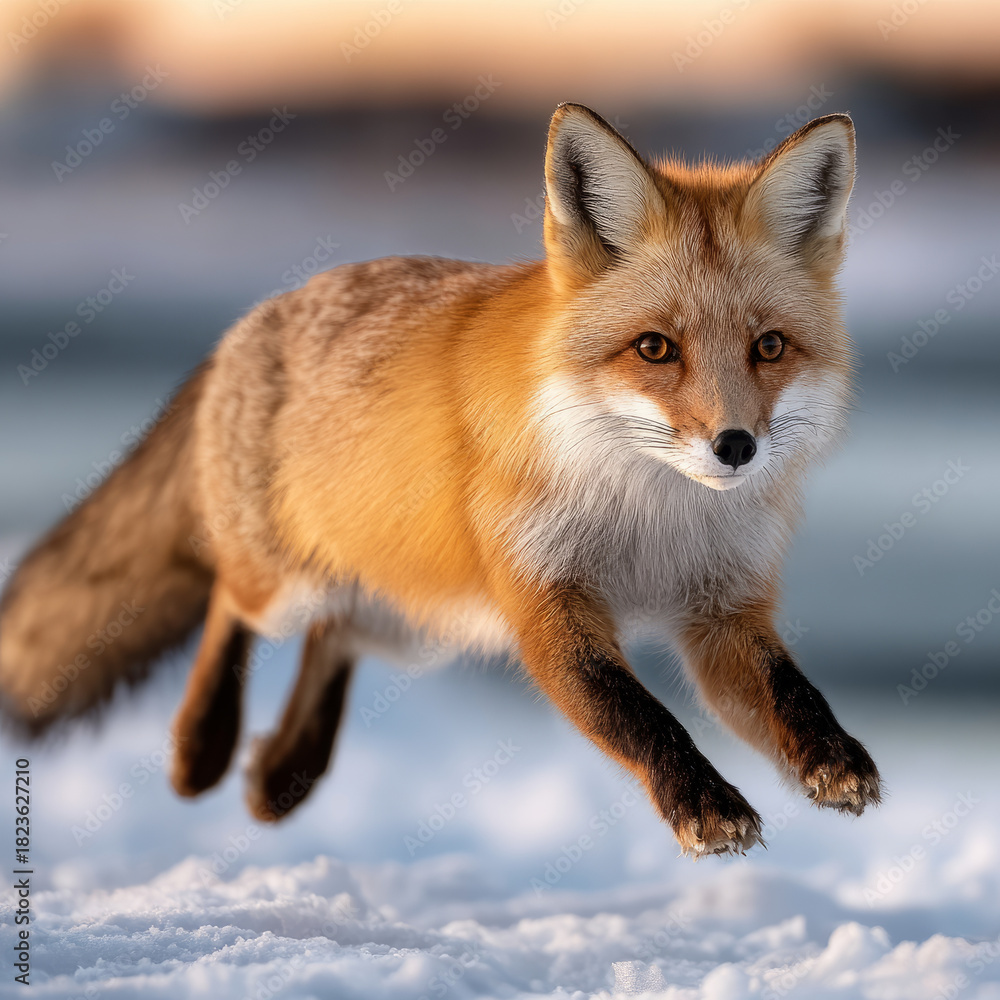 Naklejka premium Red fox in snow, elegantly captured in motion.