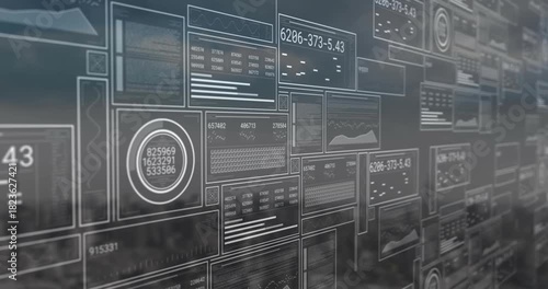 Camera lateral pan initiating tiled UI panels populating and updating charts to visualize metrics