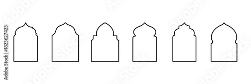 Traditional Islamic window shapes in oriental style. Set of black silhouette Eid Mubarak decorative arches, Moroccan gates or mosque borders. eps 10