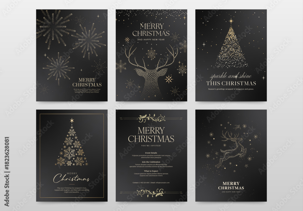 Fototapeta premium Merry Christmas Poster Flyer Set in Luxury Black & Gold for Festive Holiday & New Years Eve Countdown, NYE Gala Invitation & Xmas Branding